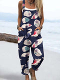 Wome's Holiday Style Flower Art Conch Pattern Print Casual Cotton Wide Leg Jumpsuit
