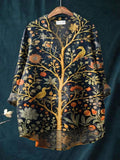 Women's Indian Art Tree Bird Floral Vintage Print Casual Cotton And Linen V-neck Shirt