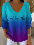 Women's Blue Gradient Long Sleeve V-Neck Pullover Sweater