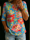 Women’s Vintage Floral Print Casual Half Sleeve Henley Cotton Top RSST211