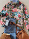 Vintage Lovely Floral Art Print Knit Turtleneck Pullover Sweater