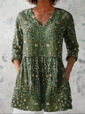 Women's Vintage Lovely Floral Art Print Casual Linen V-neck Shirt