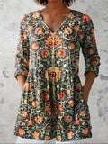 Women's Vintage Floral Art Print Casual Cotton Linen V-neck Shirt