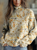 Women's Vintage Floral Art Print Knit Turtleneck Pullover Sweater