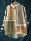 Women's Abstract Geometric Pattern Art Print Casual Cotton And Linen Ruffle Shirt