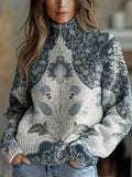 Women's Vintage Art Ethnic Flower Print Knit Turtleneck Pullover Sweater RM091
