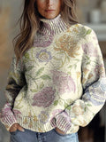 Women's Vintage Art Polka Dot Floral Print Knit Turtleneck Pullover Sweater