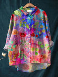 Women's Retro Colorful Artistic Flowers Print Casual Cotton And Linen Ruffle Shirt