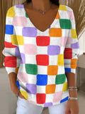 Women's Watercolor Plaid Print Casual Pullover Sweater
