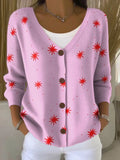 Pink Polygon Print Buttoned V-neck Cardigan Sweater