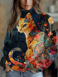 Retro Cats Art Print Knit Turtleneck Pullover Sweater