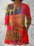 Women's Modern Abstract Art Print Casual Linen V-neck Shirt