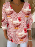 Women's Funny Chicken Art Print Casual Pullover Sweater