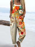 Women's Vintage Flower Art Print Casual Cotton Linen Wide Leg Jumpsuit RJ016