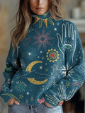 Embroidery Style Galaxy Pattern Printed Knit Turtleneck Pullover Sweater