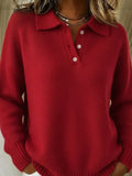 Classic Polo Neck Button-Down Solid Color Sweater Top 1416
