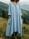 Casual Ruffle-Trim V-Neck Long Dress with Pockets