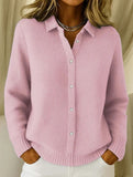Women's Solid Color Shirt Collar Long Sleeve Waffle Knit Cardigan 1402