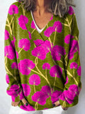 Vintage Flower Art Print Knit V-neck Pullover Sweater