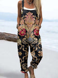 Wome'S Retro Floral Pattern Print Casual Cotton Wide Leg Jumpsuit