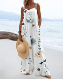 Vacation Retro Floral Print Wide Leg Jumpsuit