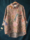 Women's Vintage Ethnic Lovely Birds Floral Art Print Casual Cotton And Linen Shirt