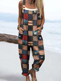 Wome'S Vintage Independence Day American Flag Checkered Pattern Print Casual Cotton Wide Leg Jumpsuit