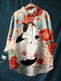 Women's Vintage Cat Lover Art Print Casual Cotton And Linen Shirt