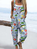 Wome's Holiday Style Vegetable Fish Pattern Print Casual Cotton Wide Leg Jumpsuit