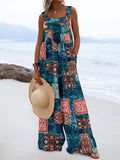 Women's Vintage Hippie Print Casual Strap Wide Leg Pants Jumpsuit