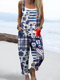 Wome'S Vintage Floral Stripes Irregular Combination Pattern Print Casual Cotton Wide Leg Jumpsuit