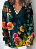 Retro Floral Art Print Knit V-neck Pullover Sweater