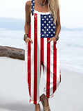Wome'S Independence Day American Flag Pattern Print Casual Cotton Wide Leg Jumpsuit