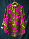 Women's Vintage Flower Art Print Casual Cotton And Linen Shirt