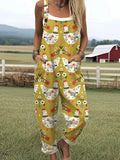 Women's Funny Chick Art Print Casual Cotton Wide Leg Jumpsuit