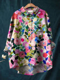Colorful Spring Floral Garden Printed Women's Casual Cotton And Linen Shirt