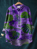 Decorative Pattern of Large Leaves On Purple Background Casual Cotton And Linen Shirt