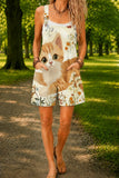 Women’s Beige Cute Cat Print Casual Cotton Wide Leg Romper
