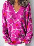 Vibrant Pink Floral Pattern Printed Knit V-Neck Pullover Sweater