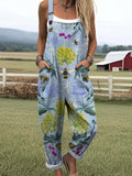 Women's Lovely Floral Bees Art Print Casual Cotton Wide Leg Jumpsuit