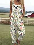 Women's Vintage Animals Art Print Casual Cotton Wide Leg Jumpsuit