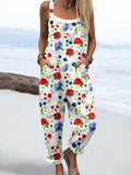 Wome'S Red And White Floral Pattern Print Casual Cotton Wide Leg Jumpsuit