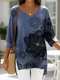 Women's Retro Flower Art Print Casual Denim Shirt
