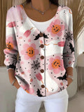 Halloween Pumpkin Ghost Spider Web Bats Print Buttoned V-neck Cardigan
