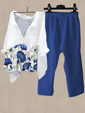 Women's Blue Flower Print Shirt Collar Top And Casual Pants Linen Two Pieces