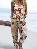Wome's Vintage July 4th Statue Of Liberty Pattern Print Casual Cotton Wide Leg Jumpsuit
