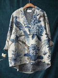 Women's Vintage Lovely Floral Birds Art Print Casual Cotton And Linen V-neck Shirt
