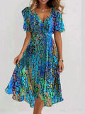 Special Blue V-Neck Short Sleeve Midi Dress