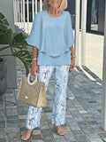 Casual Blue Floral Print Round Neck Two Piece Set