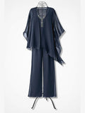 Navy Plain V-neck Long Sleeve Lightweight Flowy Two Piece Set